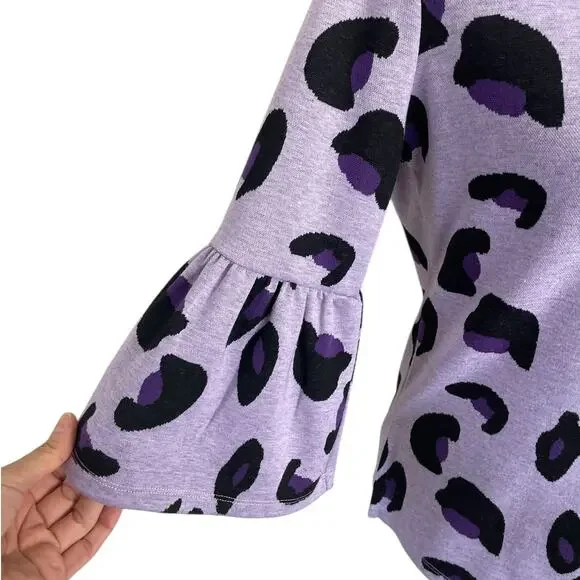 Tyler Boe Leopard Print Knit Top Bell Sleeves Purple Sz XS Preppy Modern Chic - Picture 4 of 10
